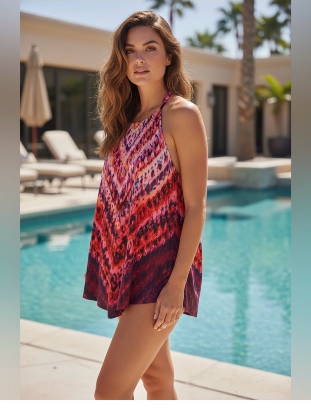 Women’s Halter Swim Coverup Tunic in Pink & Red Print